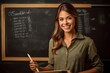young and professional female teacher, smiling and friendly, standing at the chalkboard as background