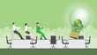© kora_sun - A business team pulls rope for a tree big lightbulb in an office meeting. ESG idea, Green energy, Environmental policy, Net zero emission, Carbon footprint reduction, Sustainable, and Eco-friendly.