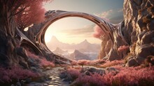 Fantasy Landscape Of Another Planet With Bionic Portal Designs. AI Generation 