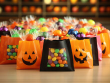 Сolorful Trick Or Treat Bags Filled With Candy For Halloween