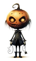 Very scary character evil pumpkin figure with arms and legs wearing a black coat