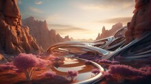 Fantasy Landscape Of Another Planet With Bionic Structures Among The Rocks At Sunset. AI Generation 
