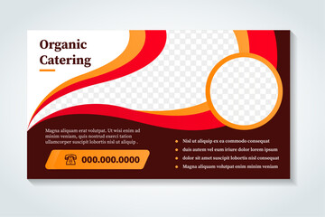 Wall Mural - organic catering headline for horizontal banner with brown background and red and yellow element. sp