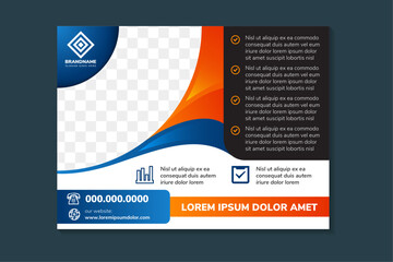 Wall Mural - Horizontal layout of vector illustration background template for page covers, flyers, leaflets or advertising billboards. A4 proportion. quarter circle space for photo. blue, orange and black colors.