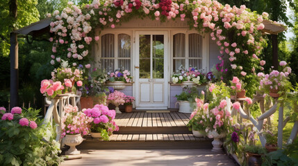 Canvas Print - The House With Flowercovered Wooden Walkway