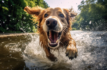 Wall Mural - The Dog Is Running In The Water Through 