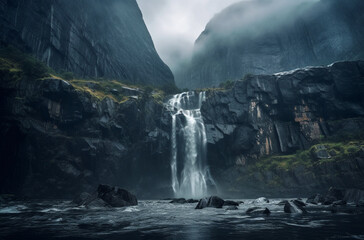 Canvas Print - Waterfall with Mountains Behind - Scenic View