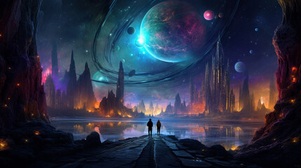 Wall Mural - Universe Planet in Dark Rainbow Techno Style