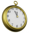 Gold pocket watch showing five minutes to twelve, suggesting a deadline