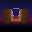  Two 3D-modeled heads face-to-face in an abstract space with lightning jump between the two heads