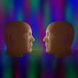 Two 3D-modeled heads face-to-face in an abstract space