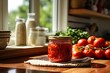 A kitchen at home with a woven mat displays a glass jar filled with freshly made tomato sauce.