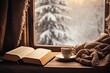 © 2rogan - A comforting winter scene featuring a cup of hot tea and an open book placed on a vintage windowsill, covered by a cozy plaid blanket. This picture is set against the snowy landscape outside.