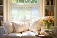 A Comfortable And Inviting Window Nook With Plush Cushions And A Book Spread Open, Sunlight Streaming In Through Old-fashioned Shutters, Showcasing A Charming And Classic Interior Design.