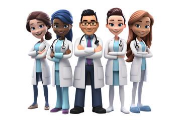  3D cartoon character smiling group of doctors and nurses  standing together with arms crossed, full body isolated on white and transparent background, ai generate