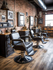 Wall Mural - Hair Salon with Black Brick Wall and Chairs