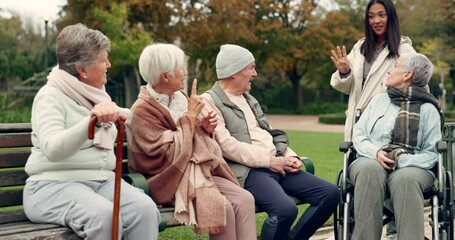 Sticker - Friends, retirement and senior people in park for bonding, conversation and quality time together outdoors. Friendship, happy and elderly man and women with caregiver on bench for relaxing in nature