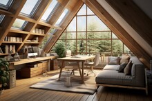 A Home Office Within A Living Room, Featuring Wooden Flooring And A Loft Area Resembling An Attic.