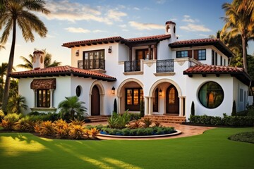 Canvas Print - A dwelling with a Mediterranean style architecture located in the southern region of Florida.