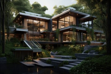 Wall Mural - A breathtaking and contemporary home surrounded by lush trees, seen from the outside.