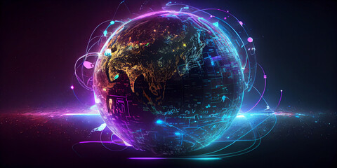 Metaverse digital world cyber space 3D rendering background, neon colorful global world in cyber space, future energy power technology and internet connection concept Ai generated image