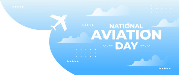 blue national aviation day banner with airplane,cloud and world map elements