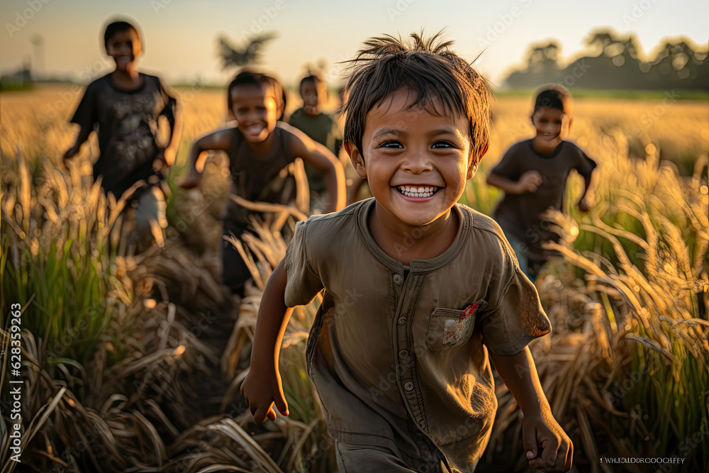 Smiling Rural Kid portrait of rural kids, happy face, running towards the camera, paddy ...