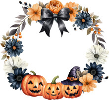 Watercolor Halloween Pumpkin Flower  Frame Wreath Vector Illustration