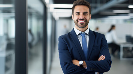 Wall Mural - Portrait of happy businessman with arms crossed standing in office. Portrait of young happy businessman wearing grey suit and blue shirt standing in his office and smiling with arms crossed