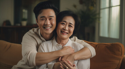 Asian Mother 60 year old and son 30 year old hugging on the sofa , white living room