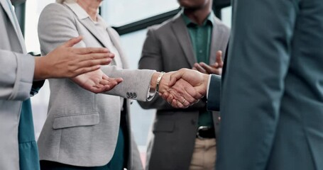 Leinwandbilder - Business people, applause and handshake on onboarding deal, collaboration or congratulations on b2b agreement. Partnership, celebration and shaking hands on negotiation, success and winning in office