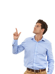 Presenting, pointing up and business man for advertising on isolated, png and transparent background. Promotion, professional and male person with hand gesture for deal, information and choice