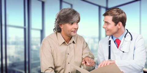 Poster - Healthcare concept, man and happy doctor talking