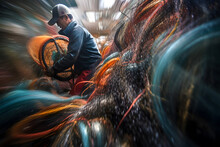 Motion Blur Image Of A Fisherman Hauling In A Net Filled With Fish, Capturing The Strength And Physicality Of The Fishing Industry. Generative AI