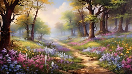 Wall Mural -  a painting of a path through a forest with wildflowers.  generative ai