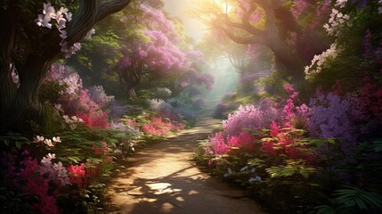 Poster -  a painting of a path through a forest with flowers and trees.  generative ai