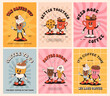 Collection of posters with cute cartoon characters of coffee takeaway and pastries donut, chocolate chip cookie, ice cream and cupcake. Desserts food and drink in retro groovy style