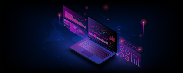 Wall Mural - Abstract background image, laptop application concept with business graph and infographic chart analysis data. online statistics and data analysis
