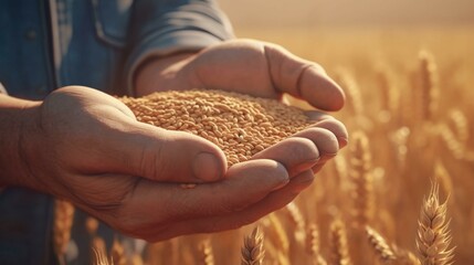 Yellow grain of wheat in the hands. The concept of food production, food deal, agriculture. AI generated