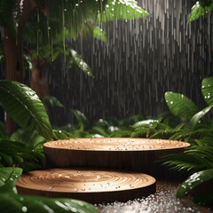 Autumn rain forest with wooden disc MADE OF AI