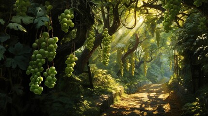 Poster -  a painting of a path in a forest with grapes hanging from the trees.  generative ai