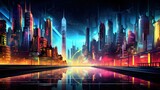 Fototapeta Nowy Jork - Synth wave city style retro 80's. Futuristic town in neon colors.