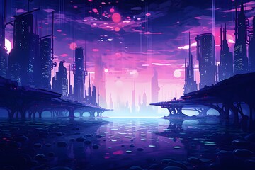 Wall Mural - Synth wave city style retro 80's. Futuristic town in neon colors.