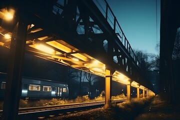 Wall Mural - Railway station at night. Train platform in fog. Railroad