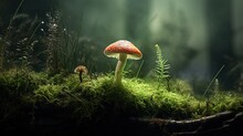  A Mushroom Sitting On Top Of A Moss Covered Forest Floor.  Generative Ai