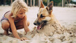 A blonde child frolics in the sand with their German Shepherd on a white sand beach, their summertime play colored by nostalgic pastels. A pet-friendly travel moment. Generative AI