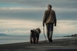 An elderly man in a jacket walks with his pet on an ocean beach, viewed from behind, encapsulating a melancholic mood. Sky and shoreline are prominent. Generative AI