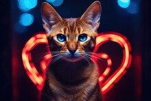 Abyssinian Cat With A Neon Heart In The Backdrop, Depicting The Love And Bond Between Pets And Their Owners. With Blue Feline Eyes And A Neon Style, The Image Exudes A Creative And Nostalgic Mood