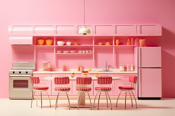 Wall Mural - Fancy doll house, children toy, lots of pink plastic, pastel colors, kitchen