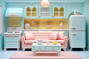 Wall Mural - Fancy doll house, children toy, lots of glossy plastic, pastel colors, kitchen